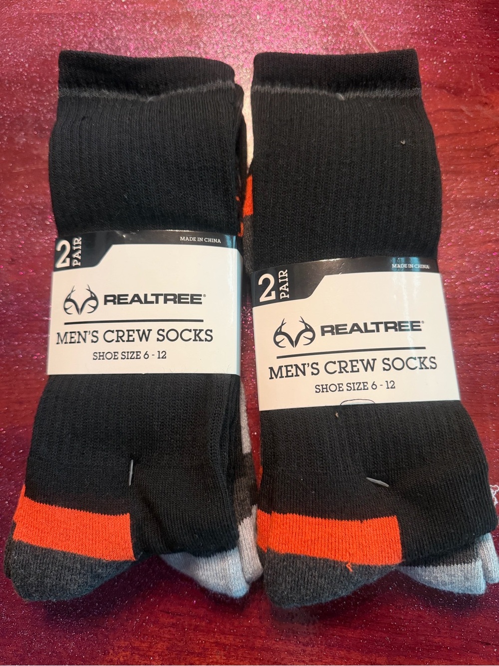 2 packs Realtree Men's Black and Grey Crew Socks with Orange Accent - 2 Pair